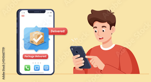 Young man receives package delivery notification on his smartphone, showing a successful delivery confirmation.
