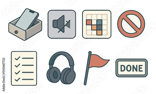 Focus zone essentials icons set – outline, productivity and simplicity symbols