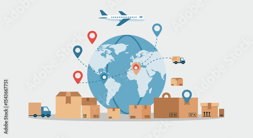 Illustration depicting global shipping and logistics, with various delivery methods.