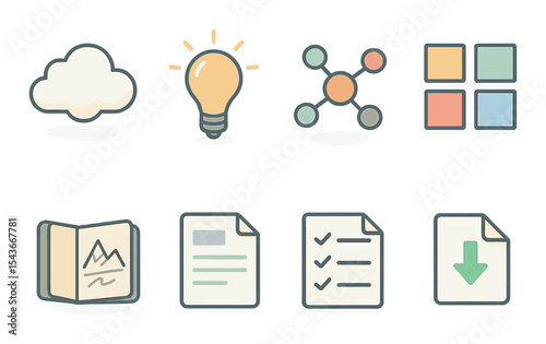 Creative workflow line icons set – outline, process and productivity symbols