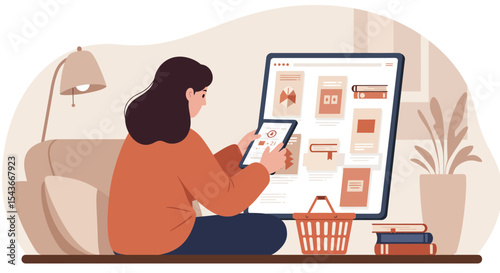 Woman shopping for books online using a tablet while sitting on a couch at home.