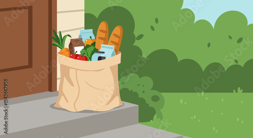 Grocery delivery bag sits on doorstep, filled with various food items.