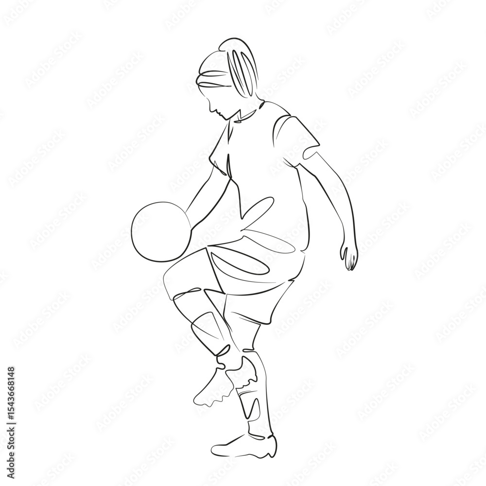 Fototapeta premium One continuous line drawing on white isolated background. Minimalism linear illustration. sport, female, soccer, person, woman, lifestyle, football, game, goal, player