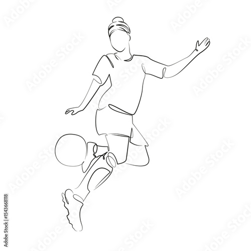 One continuous line drawing on white isolated background. Minimalism linear illustration. soccer, kicking, sport, soccer ball, soccer player, athlete, only women, teamwork, scoring, sports field, agil