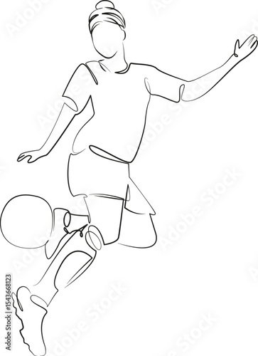 One continuous line drawing on white isolated background. Minimalism linear illustration. soccer, kicking, sport, soccer ball, soccer player, athlete, only women, teamwork, scoring, sports field, agil