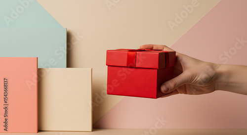 minimalist, geometric, abstract, cubes, boxes, hands, pastel colors, negative space, product photography
