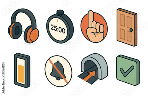 Focus mode outline icons set – simple productivity and task management symbols