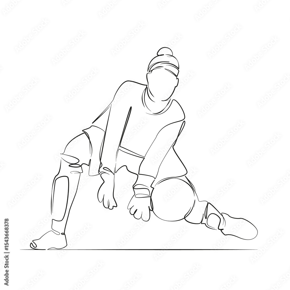 Fototapeta premium One continuous line drawing on white isolated background. Minimalism linear illustration. soccer, sport, goalie, playing, catching, soccer ball, jumping, athlete, woman, lifestyle, effort
