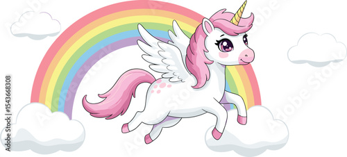 Cute flying unicorn with wings, magical rainbow pony cartoon, adorable fantasy creature illustration, dreamy pastel background, happy cloud scene, pink mane fairy animal vector