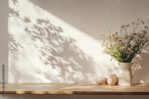 Easter Eggs and Delicate Pink Flowers in a Cream Pitcher Bathed in Sunlight Shadow