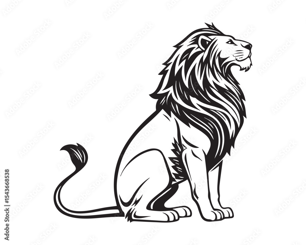 Obraz premium Black and White Lion Illustration – Detailed Hand-Drawn Style Silhouette of a Lion – Isolated on White Background for Wildlife and Nature Art Projects