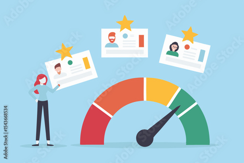Employee Performance Review with Speedometer and Star Ratings on Blue Background