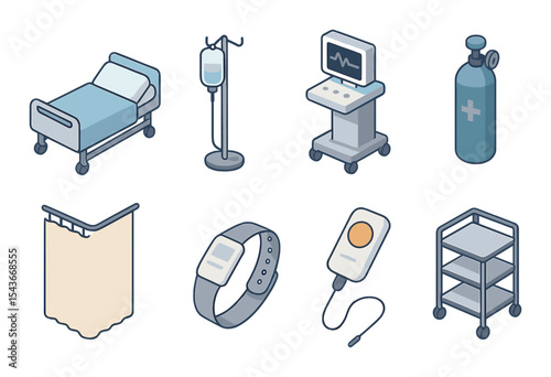 Hospital equipment icons set – 3d, medical tools and healthcare symbols