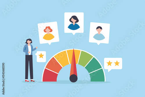 Customer satisfaction feedback gauge with people icons and a presenter illustration