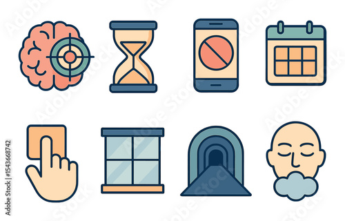 Mental focus icons set - outline, concentration and mindfulness symbols