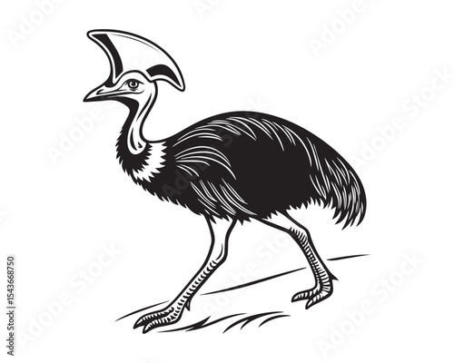 Black and White Cassowary Bird Illustration – Detailed Hand-Drawn Style Silhouette of a Cassowary with Crest – Isolated on White Background for Wildlife and Nature Art Projects

