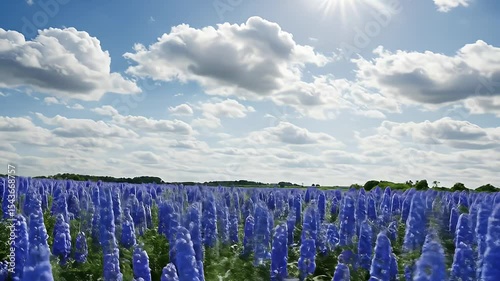 Vibrant Field Of Blue Delphinium Flowers Under Bright Sunlight And White Clouds