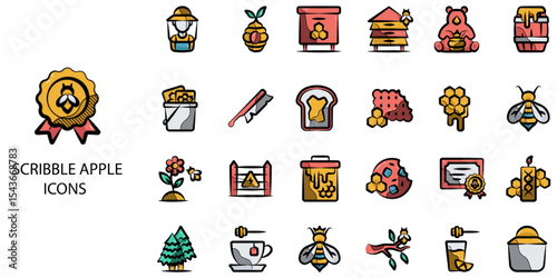 Scriblble Apple simple concept 24 hand drawn color icons set .Vector illustration.
