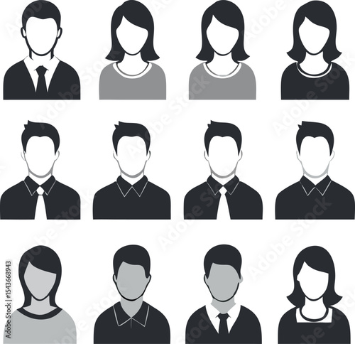 Simple black and white vector icons of generic user profiles and avatars in outline and solid versions, ideal for login pages, interface design, and account identification