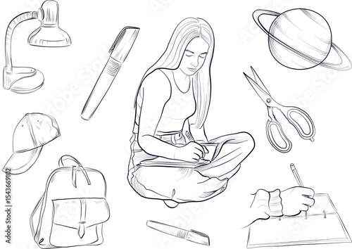 Hand drawn school backpack stationery and student girl sketch vector
