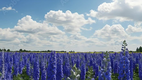 Vibrant Field of Blue Flowers Under a Sunny Sky with Fluffy White Clouds and Green Foliage