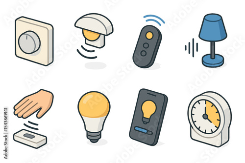 Smart light controls icons set – outline, automation and technology symbols