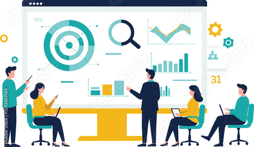 Comprehensive Business Analytics and Data Insights: Professional Team Discussing Market Trends, Financial Data, and Strategic Goals on a Large Display Screen. flat vector illustration