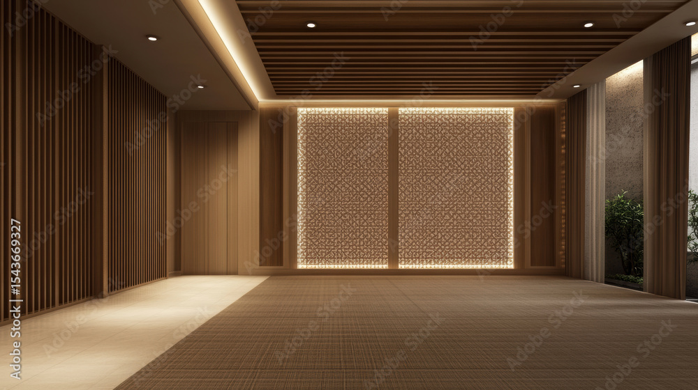 Fototapeta premium Modern interior design features warm wood tones and integrated lighting, creating serene atmosphere. textured wall adds depth and elegance, enhancing overall aesthetic appeal
