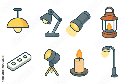 Modern light source icons set – outline, illumination and lighting symbols for design