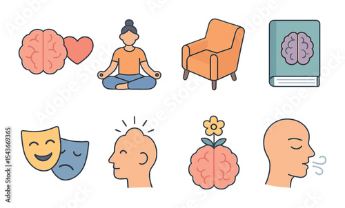 Mental wellness outline icons set – mindfulness, self-care, and relaxation symbols