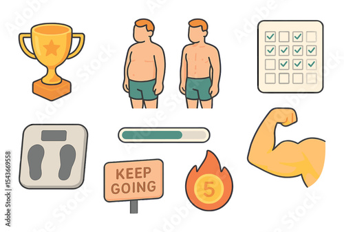 Fitness journey icons set – flat, simple and motivational exercise symbols