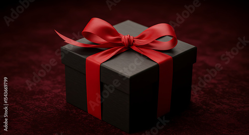 black gift box, red ribbon, dramatic lighting, dark background, high contrast, cinematic, elegant, minimalist, 3d, photorealistic
