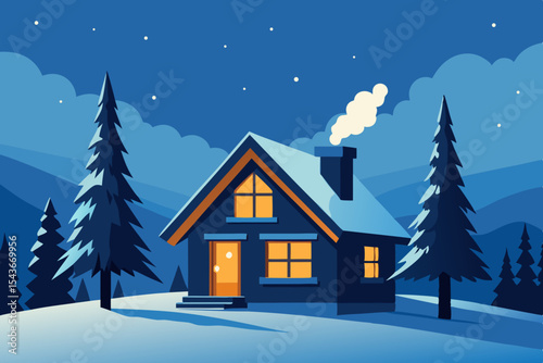"Secluded Winter Cabin Surrounded by Snowy Trees and Starry Sky" – Highlights seclusion and the surrounding elements.