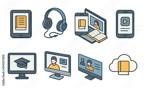 Digital learning icons set – flat, education and online study symbols for e-learning
