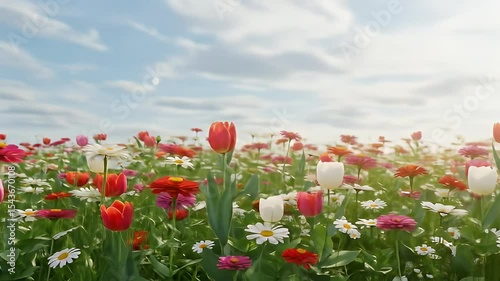 Vibrant Field of Colorful Flowers Blooming Under a Bright Sky in a Sunny Day