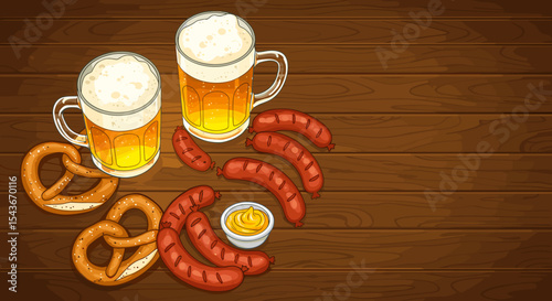 Oktoberfest banner illustration featuring beer and sausages for event promotions and festive celebrations
