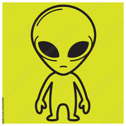 Cartoon illustration of a cute alien character with large black eyes on yellow background