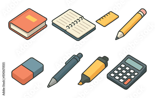 Modern educational tools icons set – flat, school and learning essentials design