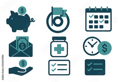 Financial planning icons set – silhouette, budgeting and money management symbols