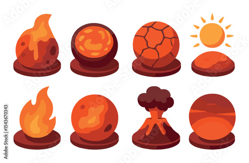 Hot planet icons set – flat, fiery and celestial symbols for dynamic design