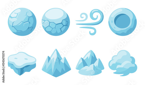 Frozen planet icons set – flat, icy nature and winter weather symbols