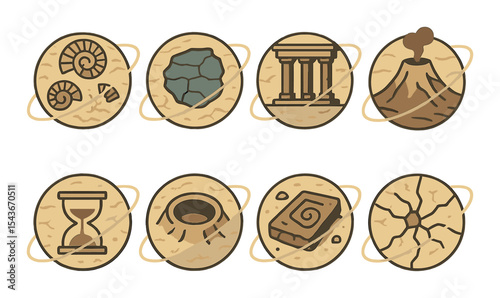 Ancient planet icons set – outline, historical and celestial imagery in minimalist style