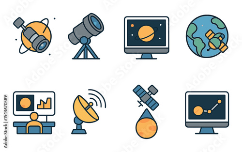 Planet observation icons set – outline, space exploration and astronomy symbols