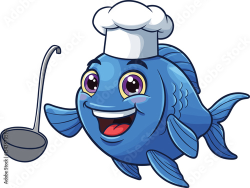 Funny cartoon blue fish chef character, smiling aquatic cook with ladle, seafood-themed illustration, ocean character design, playful cooking mascot for food or restaurant
