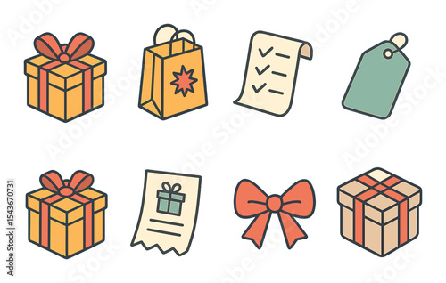 Gift shopping icons set – outline, presents and holiday shopping essentials