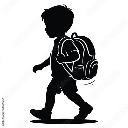 a young boy walking to school in side profile ,the child is wearing a large school backpack