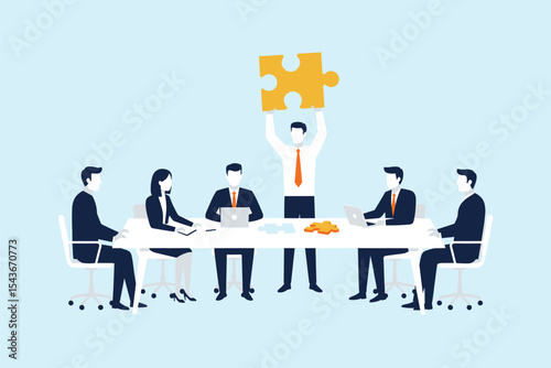 Business team collaboration meeting for problem-solving, achieving success, and completing projects with a unified strategic vision. flat vector illustration