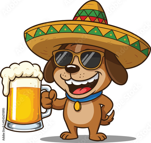 Funny cartoon dog wearing sombrero and sunglasses, holding beer mug, Mexican fiesta party character, cheerful celebration pet mascot illustration, holiday drinking animal vector art