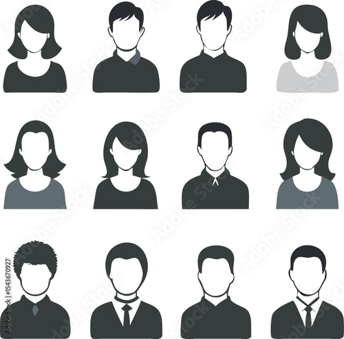 Vector icon set of minimalist user profile and avatar symbols in black and white, with solid and outline styles for login forms, interface use, and personal identity visuals