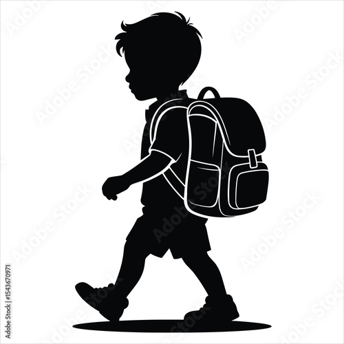 a young boy walking to school in side profile ,the child is wearing a large school backpack